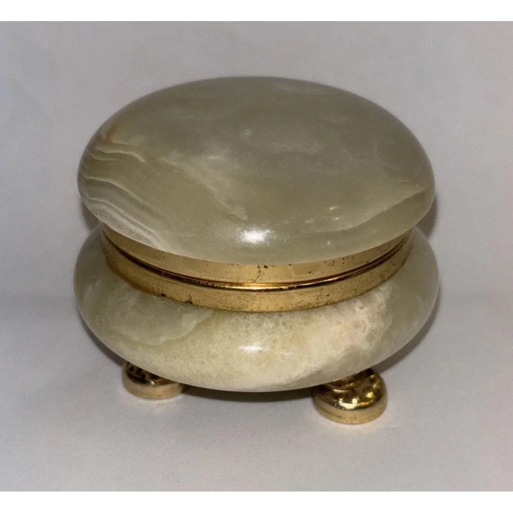 Vintage Italian Alabaster Hinged Trinket Box with Gold Accents 2
